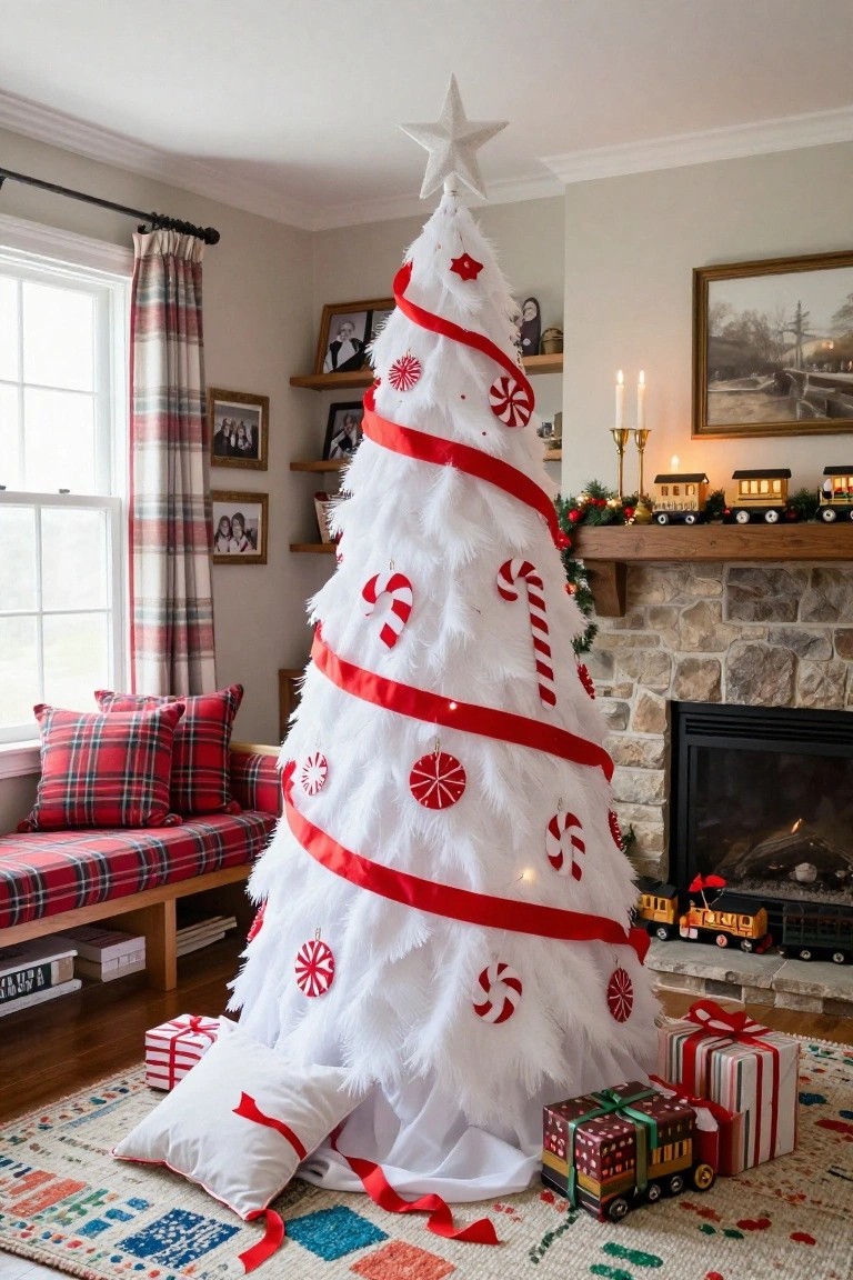 A tall white feathered Christmas tree decorated with red ribbon garland, candy cane ornaments, and peppermint circles in a living room near a stone fireplace with model trains on the mantel and wrapped gifts on the floor.