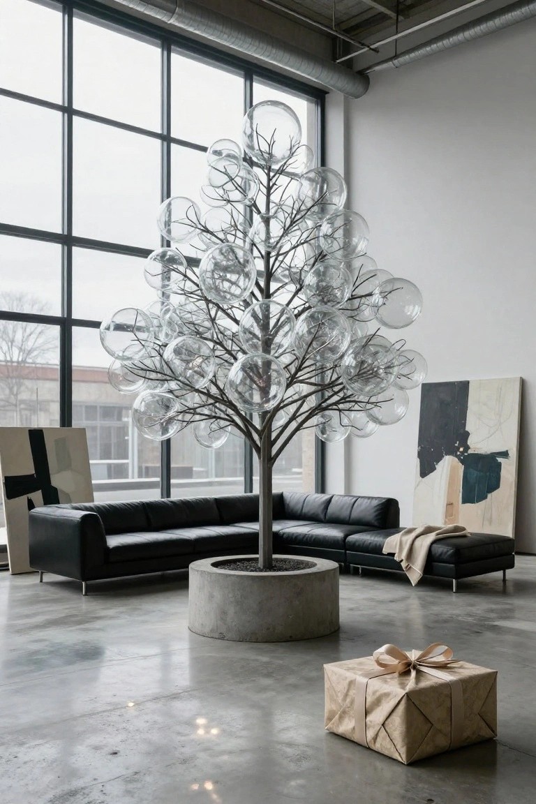 Modern interior featuring a glass bubble tree, black sofa, and wrapped gift box.