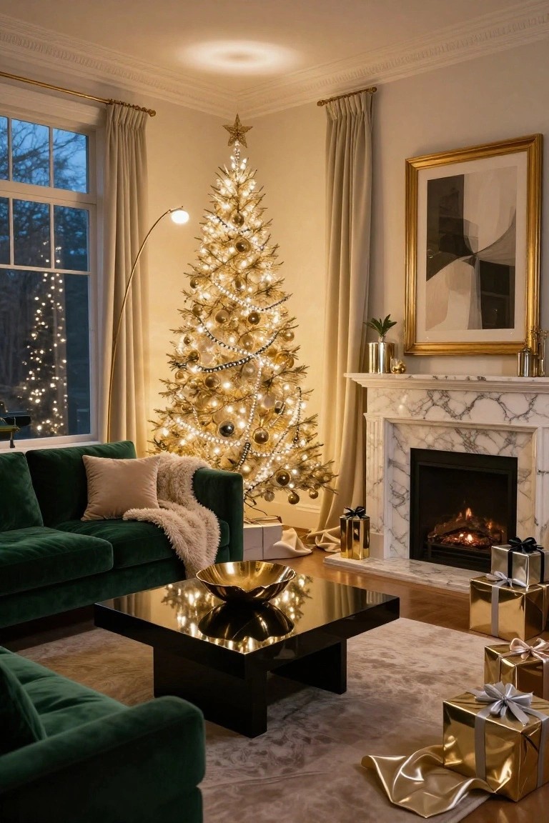 A living room corner with a tall lit gold Christmas tree decorated with gold ornaments and strings of lights, positioned near a marble fireplace, green velvet sofa, and scattered gold gift boxes.