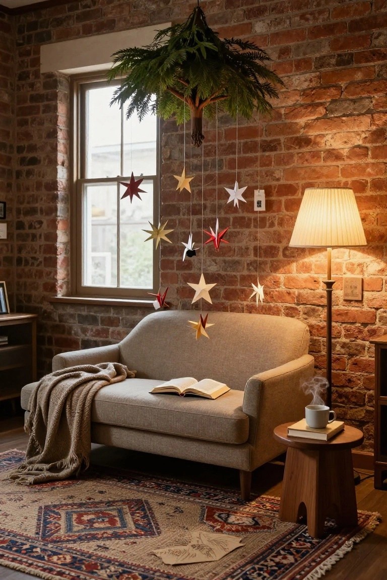 Exposed brick interior room with a small green conifer tree suspended from the ceiling by strings, decorated with colorful paper star ornaments hanging down above a light gray curved sofa, open book, mug of steaming drink on a wooden side table, and floor lamp nearby.