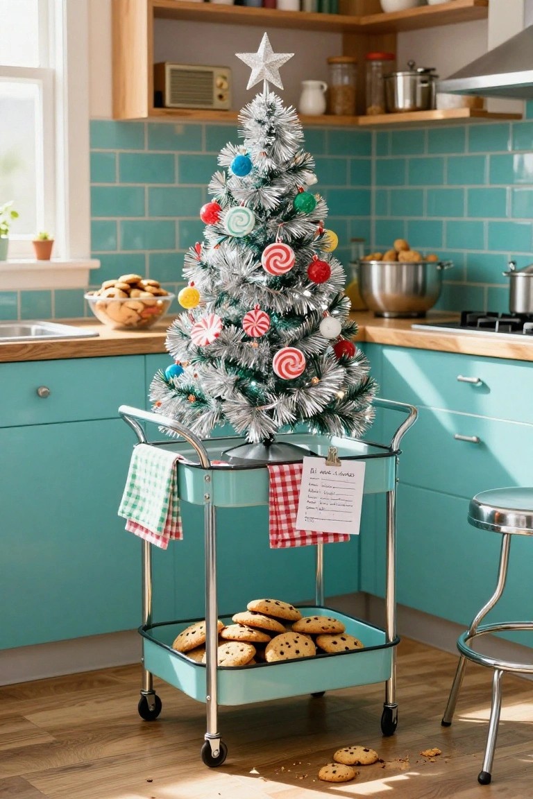 Small silver tinsel Christmas tree with colorful candy ornaments on a turquoise rolling cart in a retro kitchen with blue tiles, cookies in the tray, and checkered towels draped on the sides.