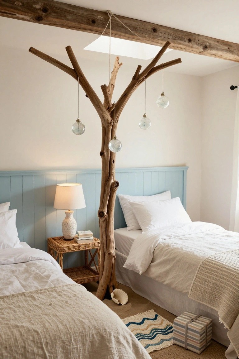 White bedroom with twin beds, blue paneled headboard, rattan bedside table and lamp, ceiling-suspended driftwood branch sculpture with hanging glass ornaments, seashell accents, and woven rug.