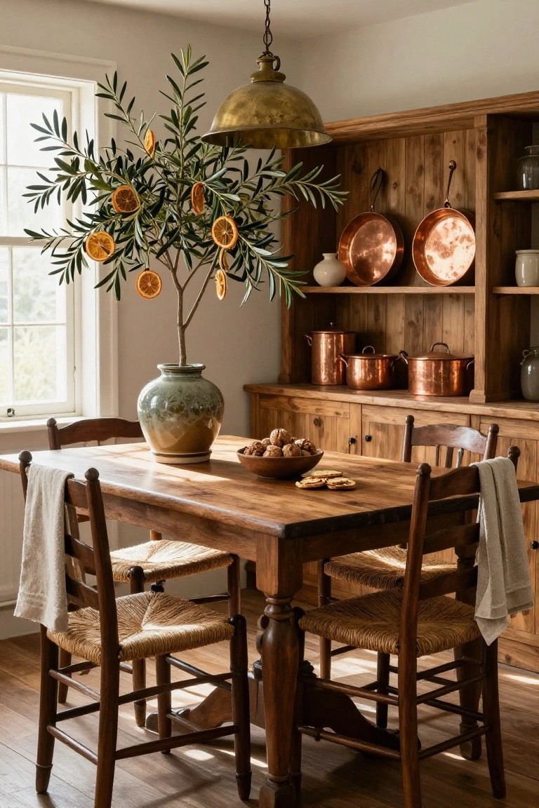 Potted olive tree decorated with hanging dried orange slices next to a wooden dining table with chairs, wooden cabinets holding copper pots, and a bowl of walnuts in a light-filled kitchen.