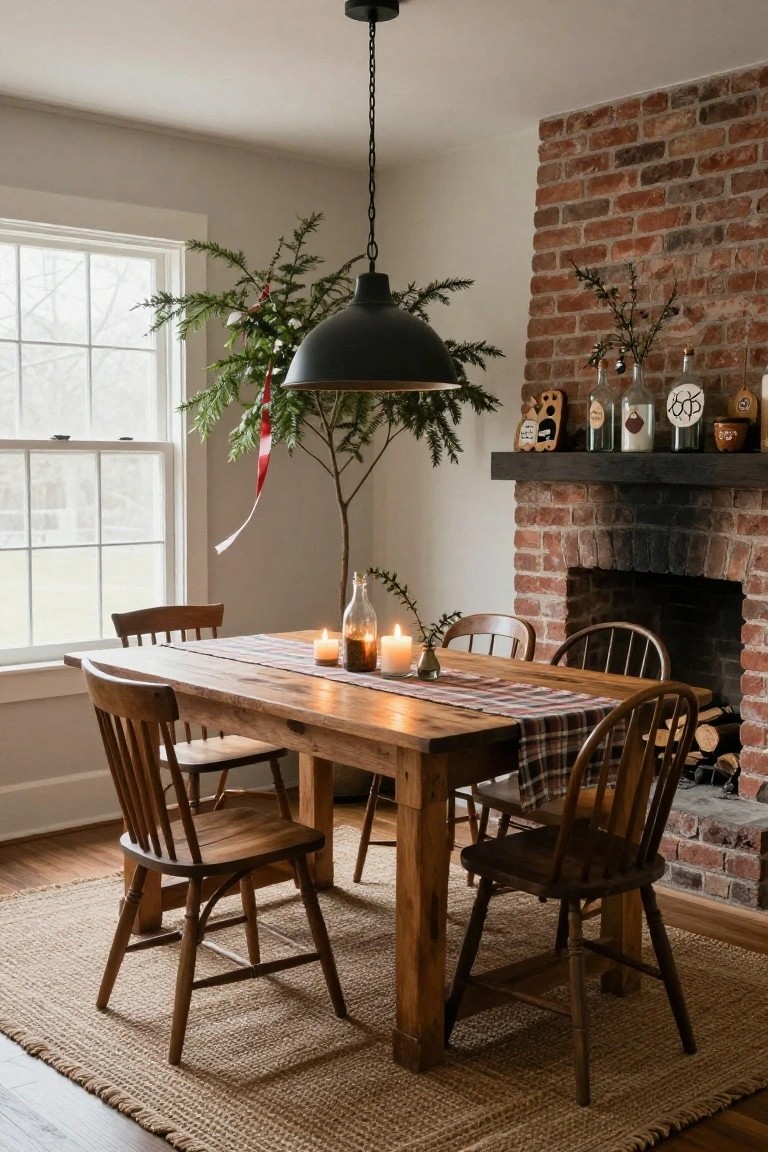 Dining room with wooden table covered in plaid runner and candles, four wooden chairs, brick fireplace with firewood, potted decorated Christmas tree by window, black pendant light, and houseplants on mantel.