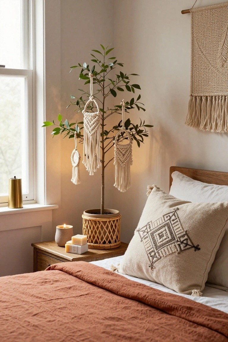 Bedroom corner with a potted green tree decorated by hanging white macrame dreamcatchers, next to a wooden bed with terracotta duvet and white pillows, candles on a nightstand, and beige wall hangings.