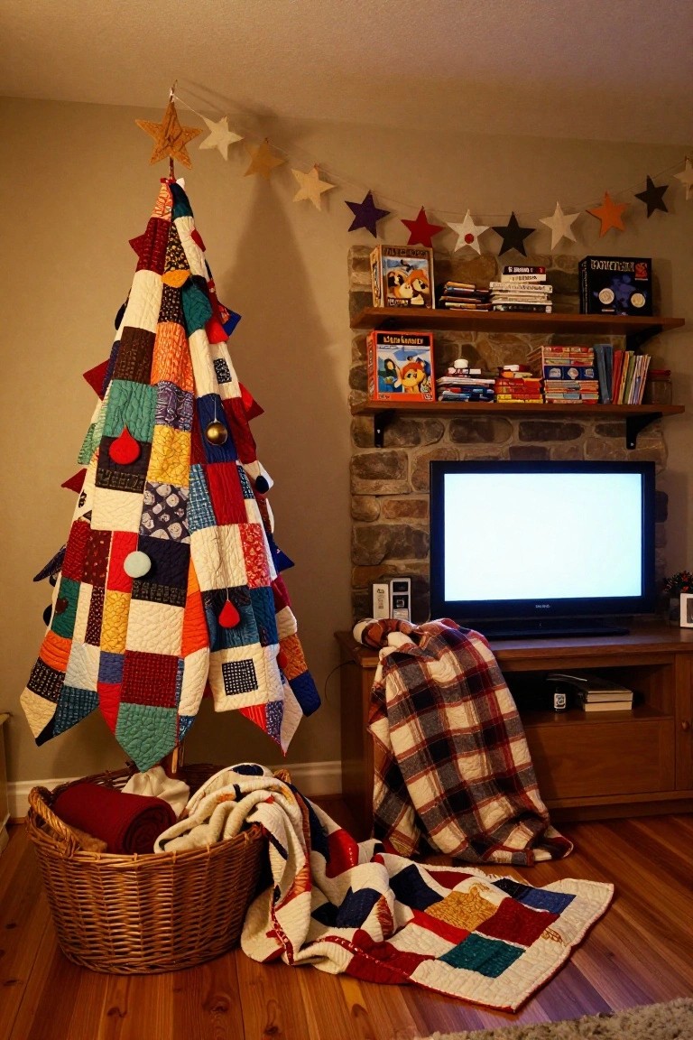 Living room corner with a tall conical Christmas tree made from colorful patchwork quilt fabrics, hanging star garlands above, brick fireplace wall with TV and shelves of books and toys, blankets on floor and furniture.