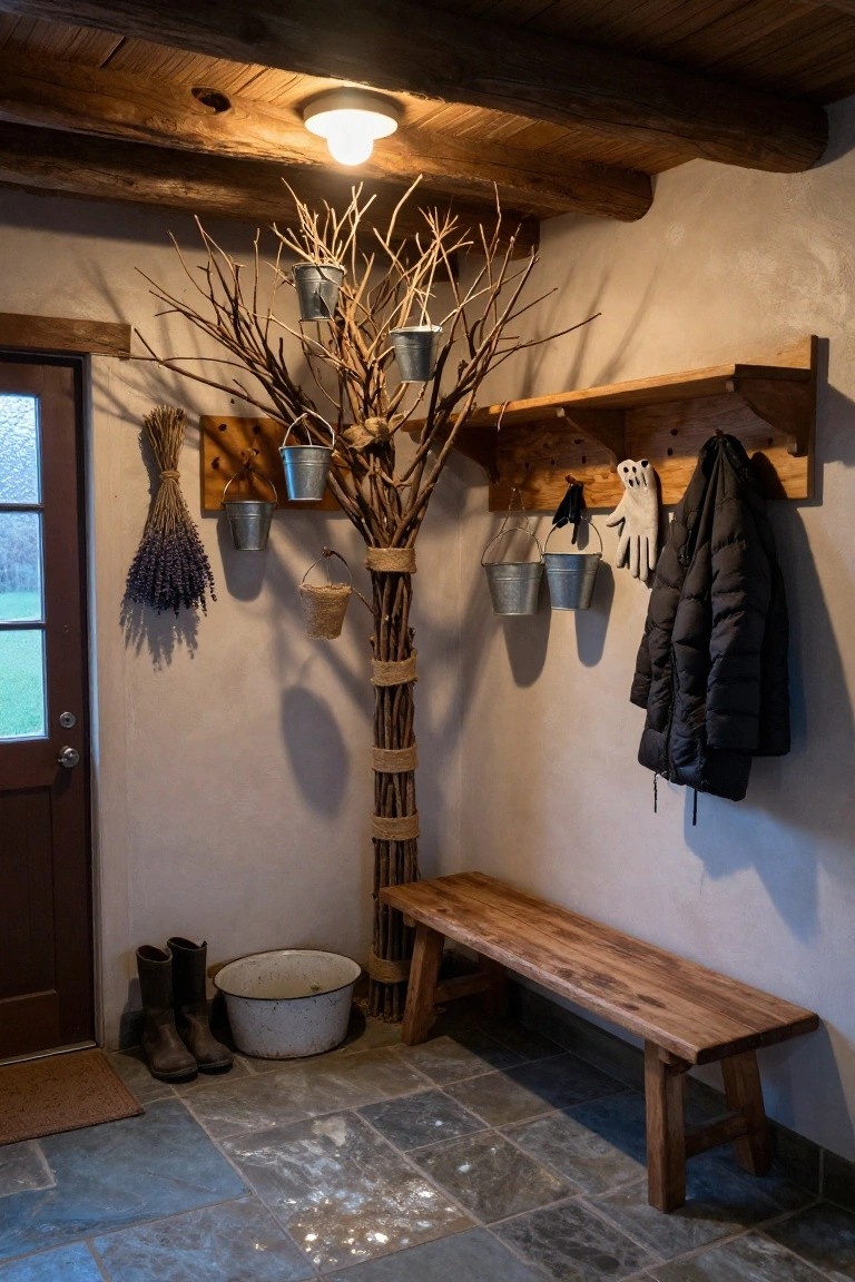 Rustic indoor entryway corner featuring a tall tree-shaped branch rack with hanging galvanized buckets, coats, gloves, lavender bundles, boots, a wooden bench, and slate tile floor.
