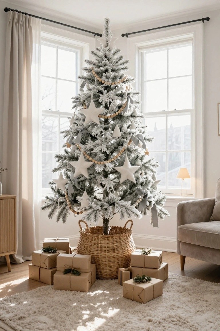 White flocked artificial Christmas tree decorated with white star ornaments, wooden bead garlands, gray ribbons, and fabric stars in a living room corner by large curtained windows, with kraft paper gift boxes in a wicker basket on a white fluffy rug.