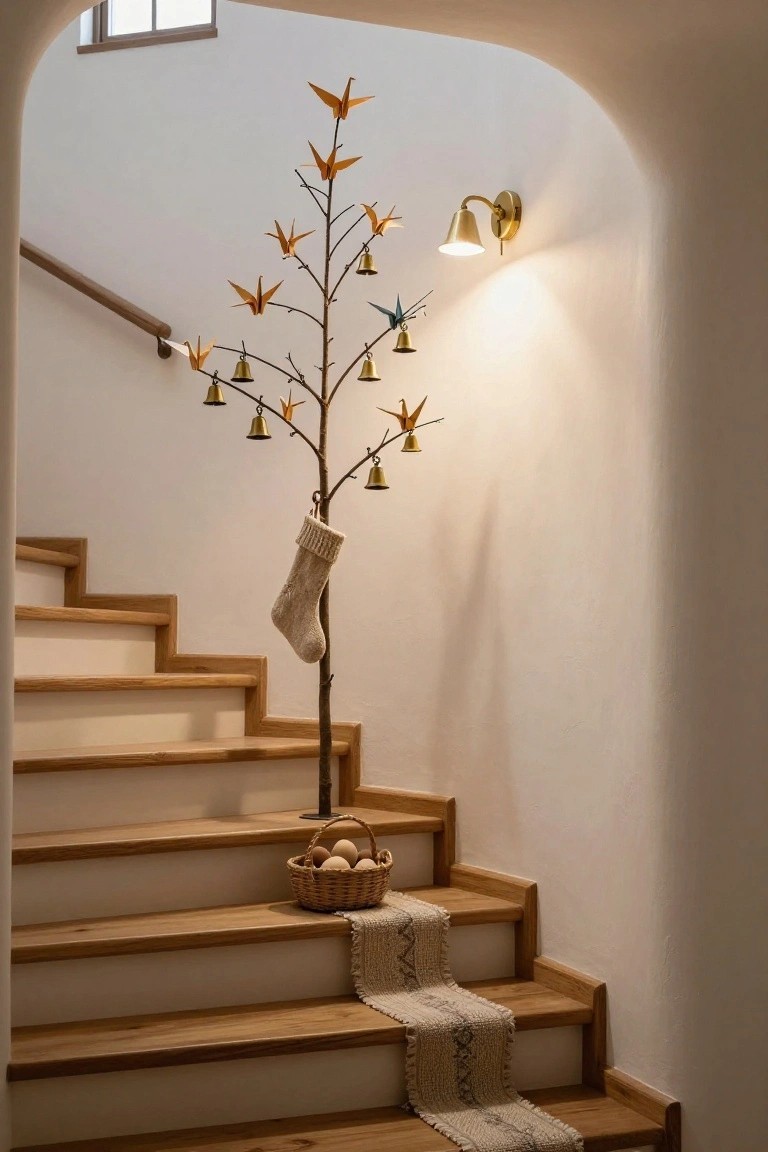 Tall natural branch in a white stairwell decorated as a Christmas tree with orange origami cranes, brass bells, and a white knit stocking hanging from the trunk, next to wooden steps with a basket of eggs and a woven runner.