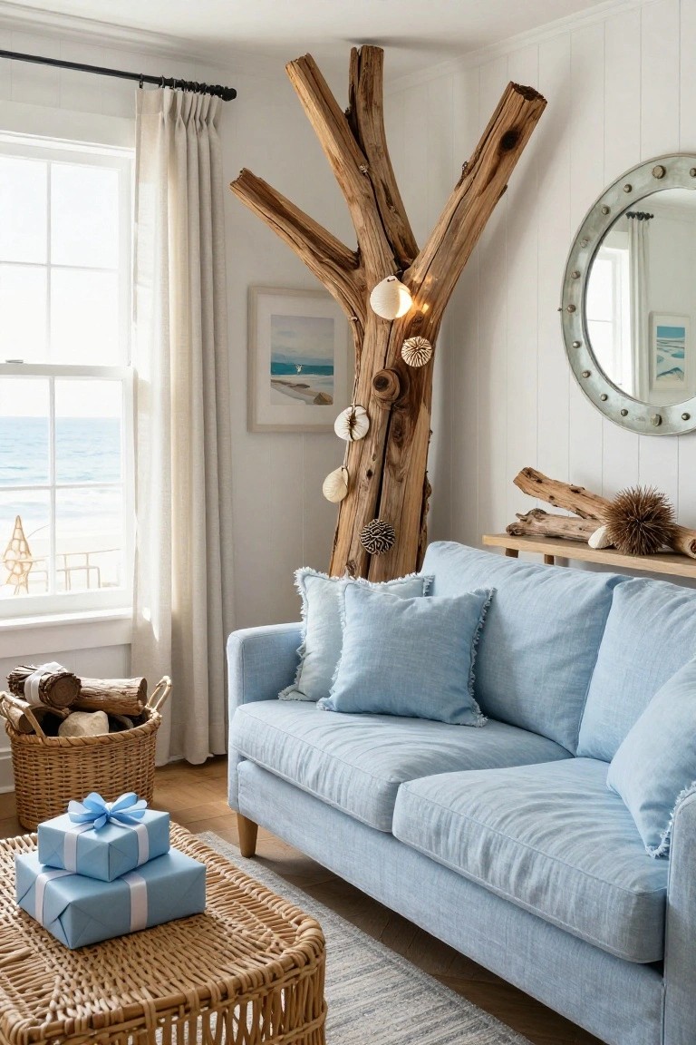 Living room corner with tall driftwood branch sculpture strung with lights and shell ornaments as a Christmas tree, blue linen sofa, rattan coffee table holding two blue wrapped gifts, wicker basket of firewood, ocean view window, white shiplap walls.