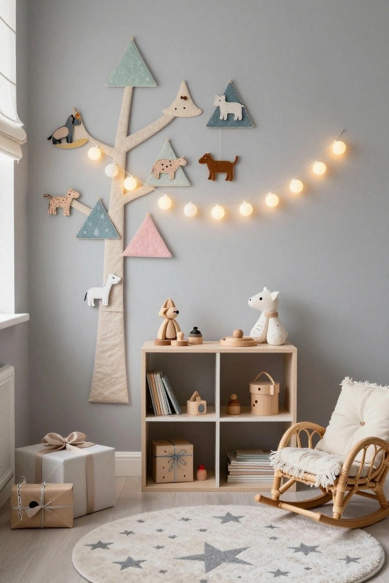 Nursery corner with beige fabric tree wall hanging decorated with wooden and felt animal shapes, colored triangle ornaments, string lights, wooden shelves holding toys and books, rattan rocking chair, and several wrapped gifts on the wood floor beside a star-patterned rug.