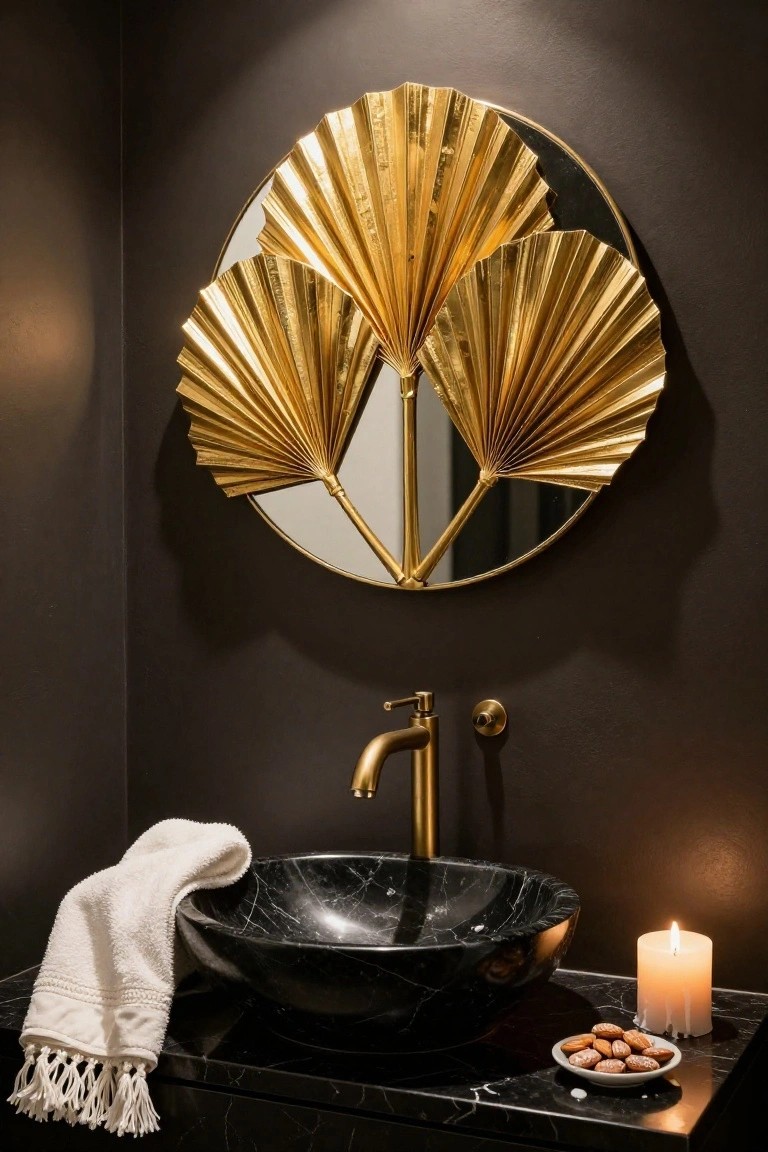 Dark-walled bathroom with round mirror framed by three sculptural gold palm fronds mounted on wall above black marble vessel sink, gold faucet, draped white towel, lit white candle, and small white bowl of almonds on black marble countertop.