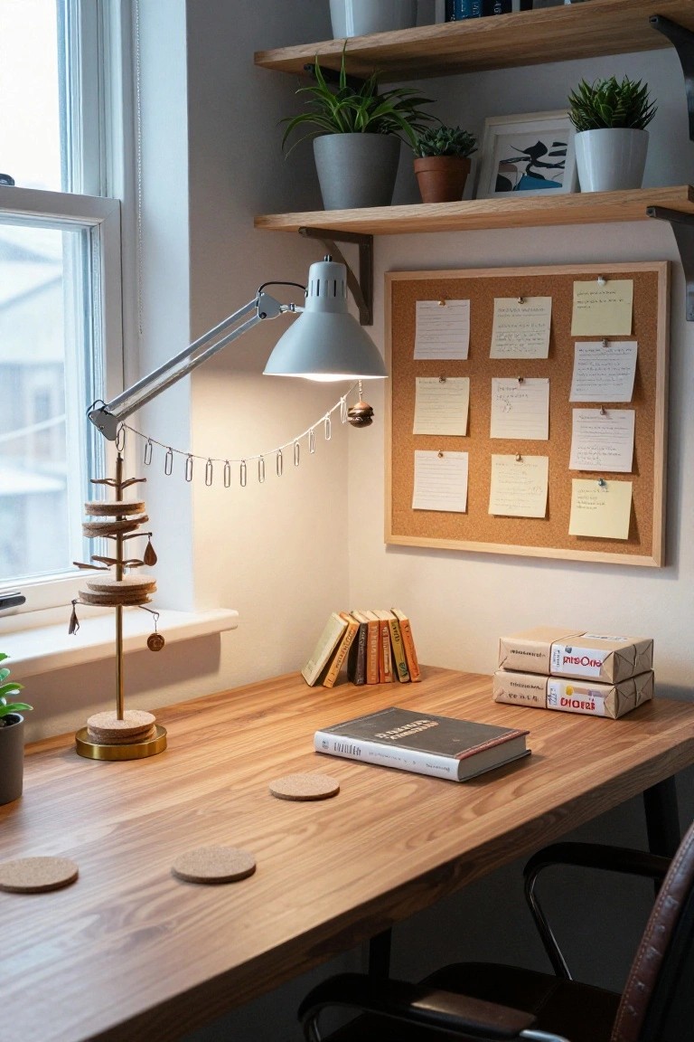 Cozy indoor desk setup with wooden surface, open book, stacked books, cardboard packages, and a small Christmas tree sculpture of layered cork discs on a gold stand with hanging beads, next to a window, plants, lamp, corkboard, and shelves.