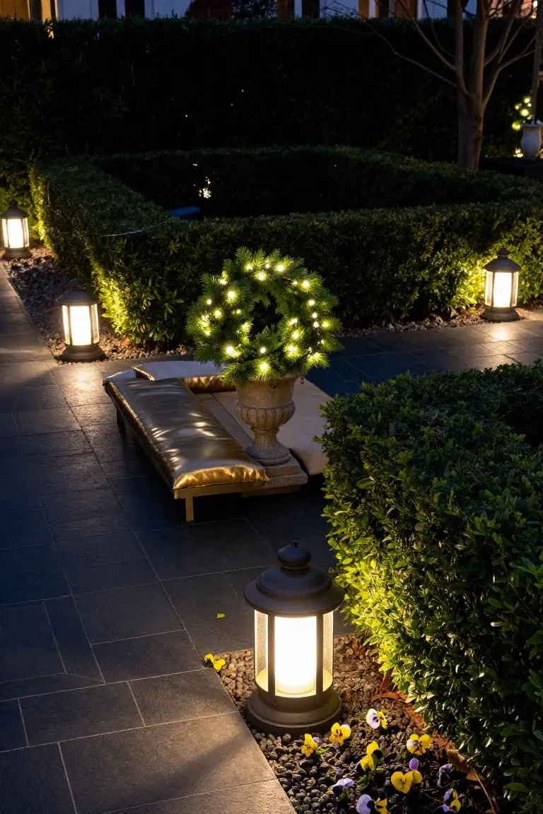 Night view of a formal garden with clipped boxwood hedges forming paths around a small water feature, illuminated by lanterns along the stone pavers, Christmas string lights on small pine trees and wreaths, a gold daybed near potted plants, and pansies in gravel beds.