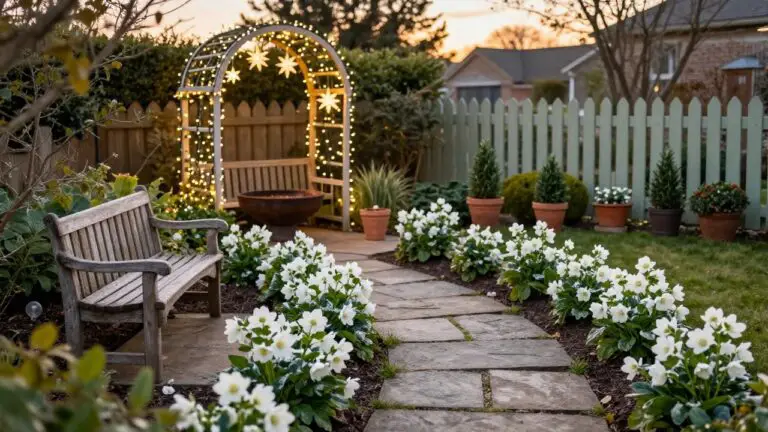 Wooden garden archway draped with string lights and hanging star ornaments at twilight, framing a stone path with a weathered bench, potted plants, boxwood shrubs, white flowers, and a picket fence.