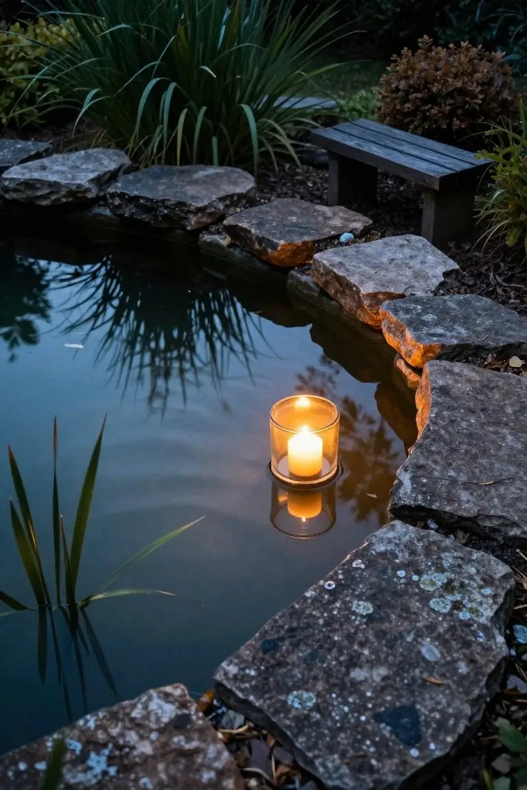 Garden pond with irregular rock edging, a floating glass lantern holding a lit candle, reeds in the water, plants and a wooden bench nearby at dusk.