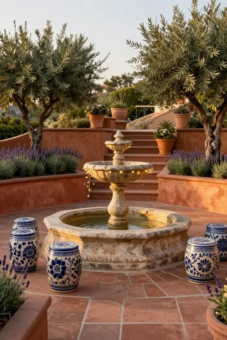 Stone fountain with tiers and string lights in a terracotta-tiled patio surrounded by lavender plants, blue ceramic stools, olive trees, and ochre walls.