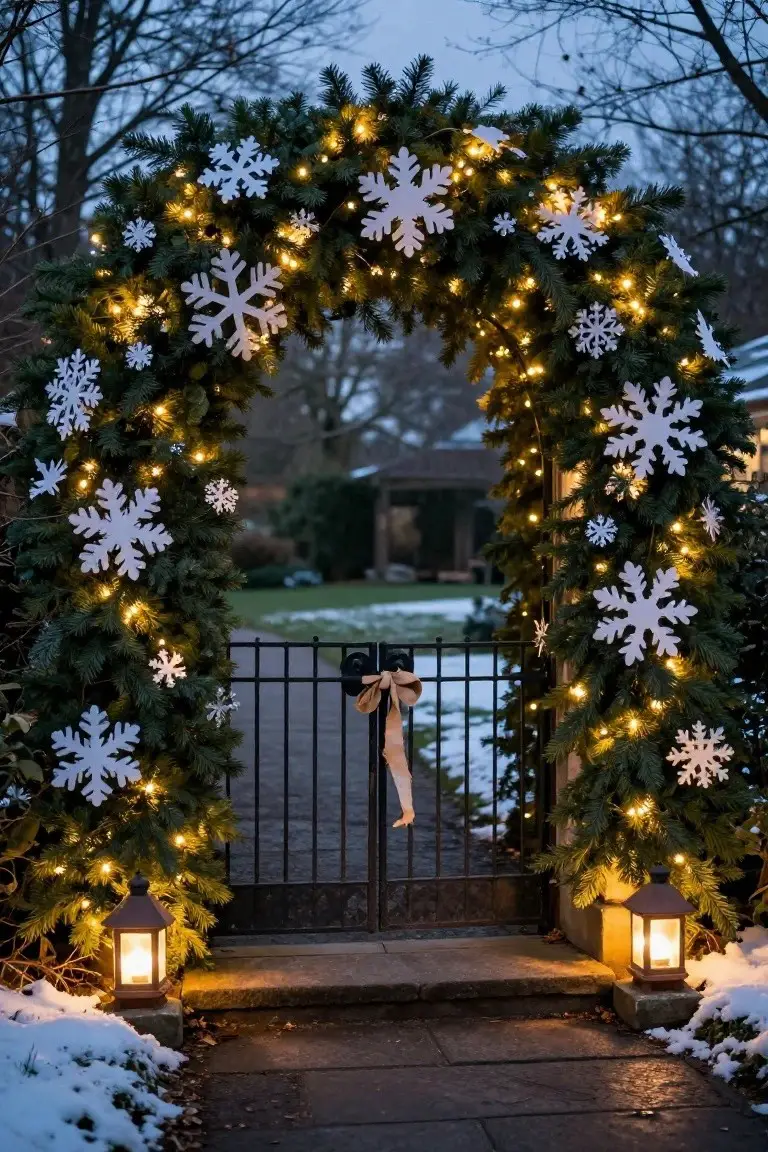 Black wrought iron garden gate framed by an archway of evergreen garland adorned with white paper snowflakes and string lights, with lanterns on stone pedestals beside the entrance and light snow on the ground and pathway.