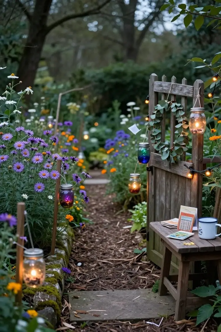 A narrow garden path edged with purple and orange flowers, mossy stone walls, and wooden stakes holding colorful mason jar lanterns with lights, leading to an open wooden gate decorated with eucalyptus and string lights, with a small bench, books, and mug nearby.