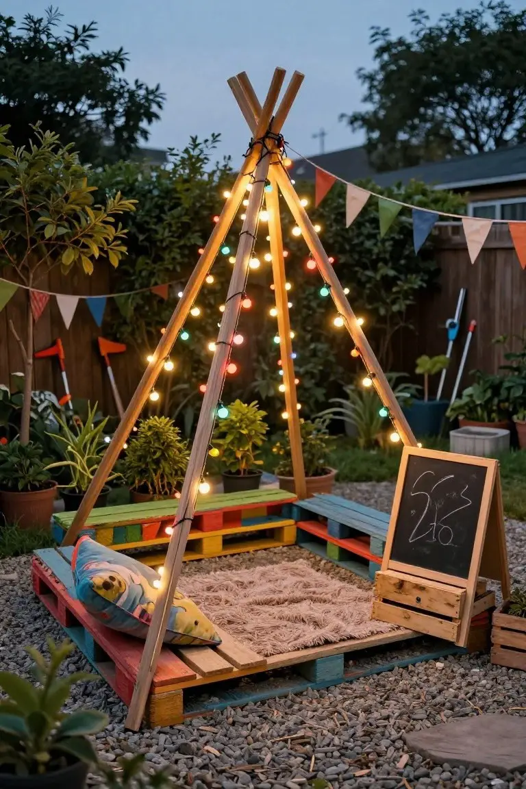 Backyard teepee made from wooden poles over a colorful pallet platform with cushions, surrounded by string lights, flags, plants, and a chalkboard sign at dusk.