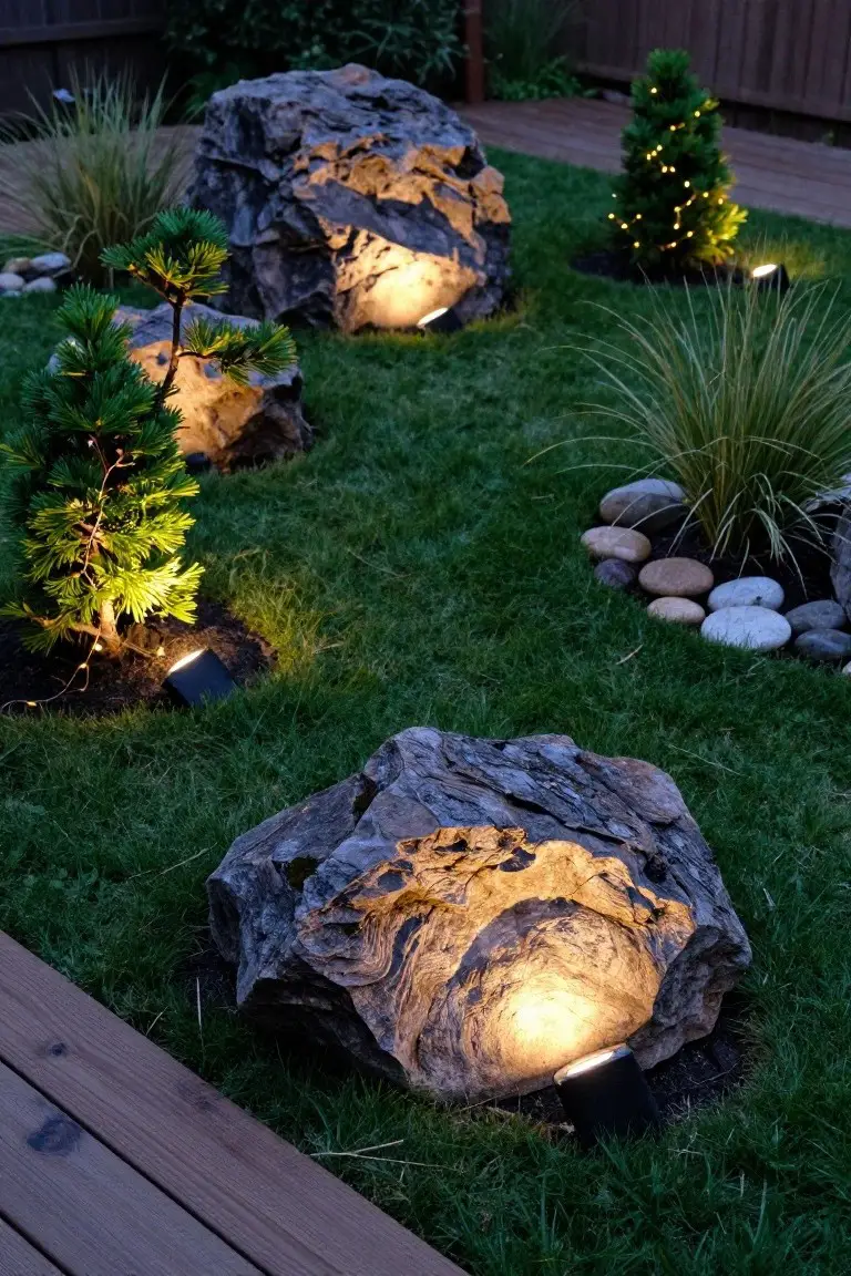 Dusk garden view showing large boulders and small pine trees lit from below by black uplight fixtures, with fairy lights on trees amid grass, stones, and ornamental grasses.