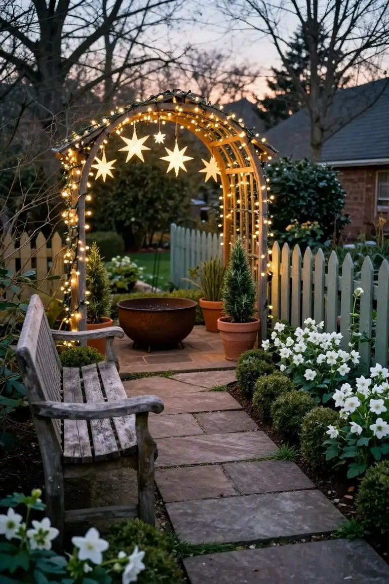 Wooden garden archway draped with string lights and hanging star ornaments at twilight, framing a stone path with a weathered bench, potted plants, boxwood shrubs, white flowers, and a picket fence.