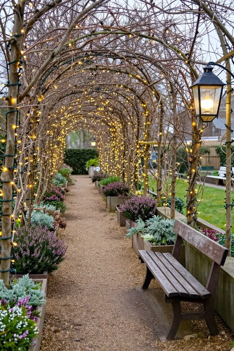 A gravel garden path under several arched frames of thin branches wrapped in white string lights, lined with wooden planters of purple heather, succulents, and other plants, with a wooden bench beside the path and a hanging lantern nearby.
