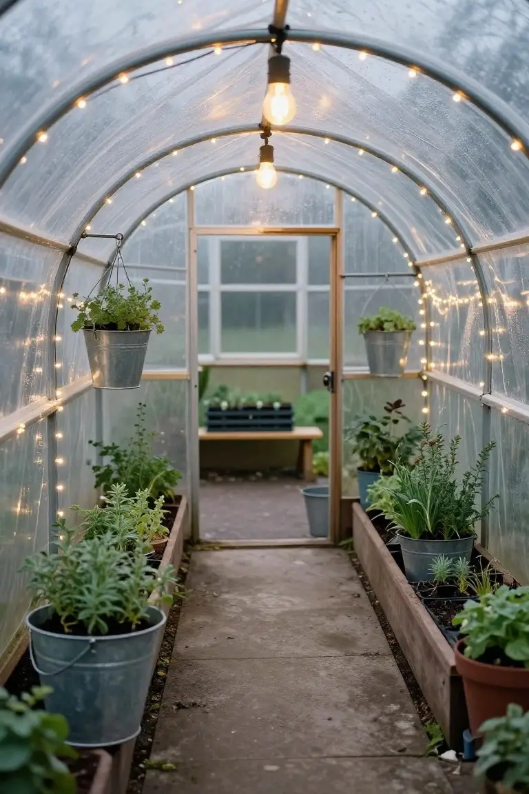 A pathway in a translucent greenhouse lined with plants in galvanized metal buckets and wooden raised beds, lit by string lights along the frame and hanging bulbs overhead, with a wooden door visible at the end.