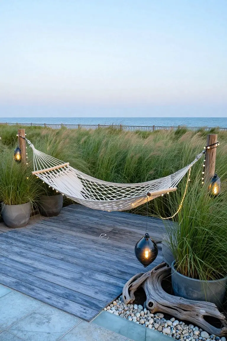 White hammock strung between wooden posts on a weathered gray deck surrounded by potted grasses, tall dune plants, hanging black lanterns, and string lights at dusk near the ocean.