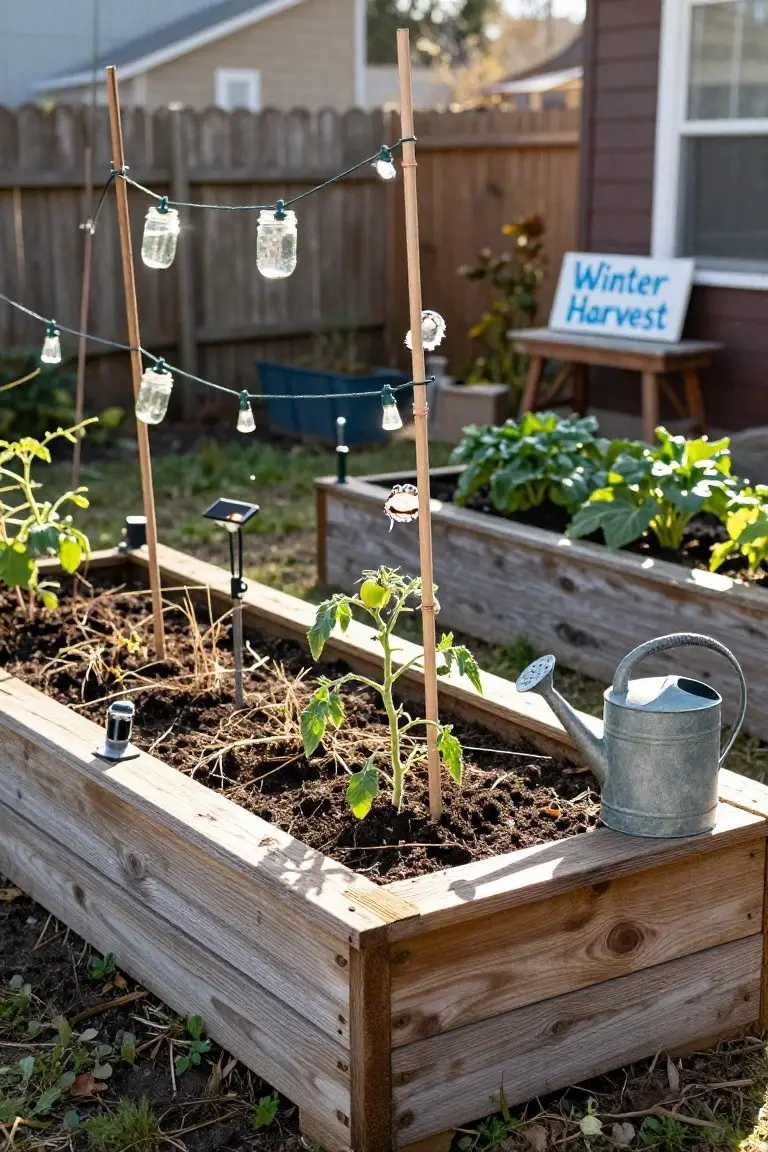 Raised wooden garden beds with young tomato plants, string lights in mason jars hanging from wooden poles, a metal watering can, and a Winter Harvest sign on a wooden bench in a backyard.