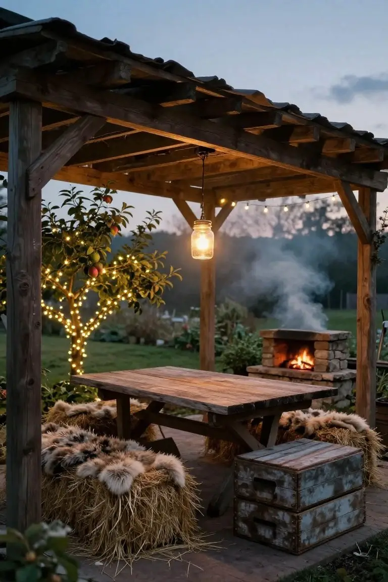 Wooden pergola sheltering a rustic wooden table with fur-topped hay bale benches and crates, stone fire pit with flames, nearby apple tree wrapped in string lights, hanging mason jar lantern, and garden plants at dusk.