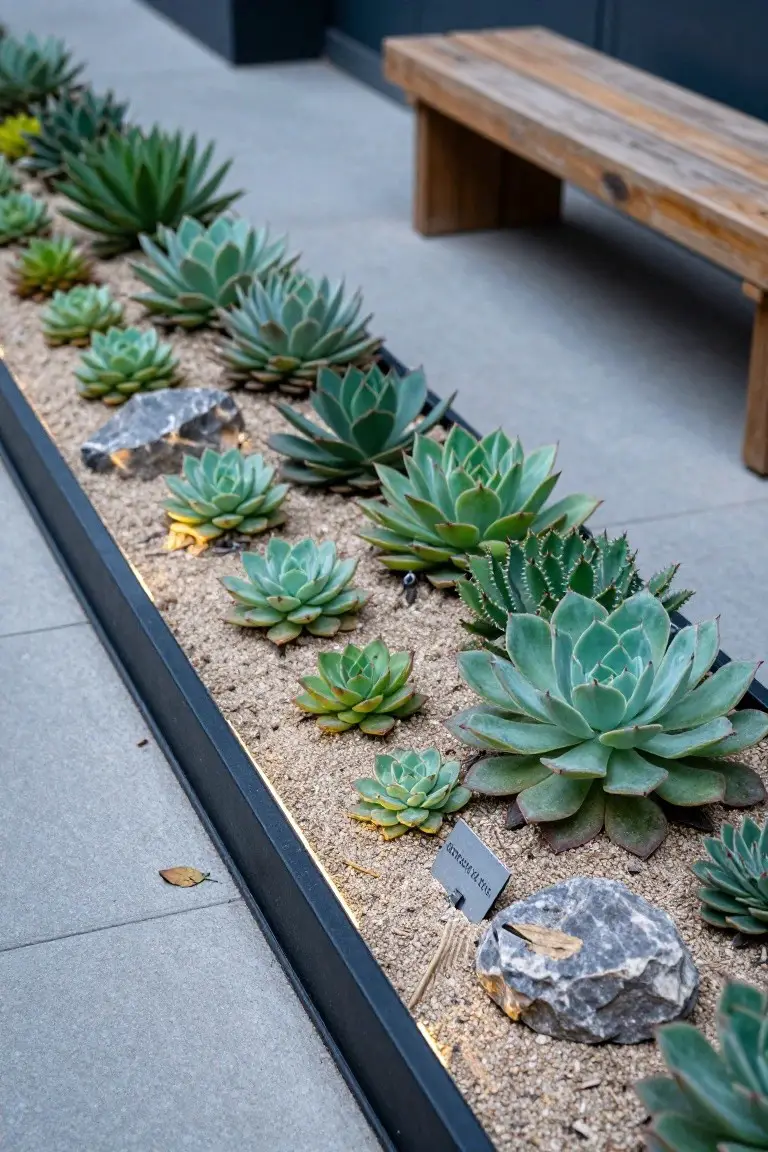Long black metal-edged planter box filled with various green succulents, gravel, and rocks along a paved path, with underlighting and a wooden bench nearby.