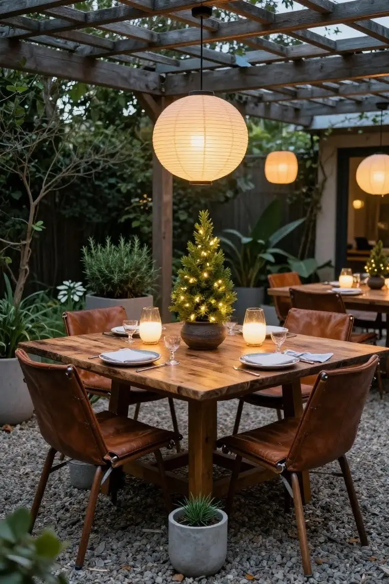 Outdoor wooden dining table under a pergola with hanging paper lanterns, a small lit Christmas tree in a center pot, leather chairs, candles, glassware, and potted plants on gravel ground.