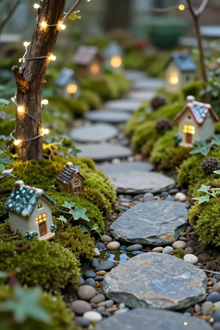 Close-up of a winding garden path made from flat gray stones surrounded by green moss, pebbles, ivy, and small ceramic houses with lit windows, illuminated by string lights wrapped around a tree branch.