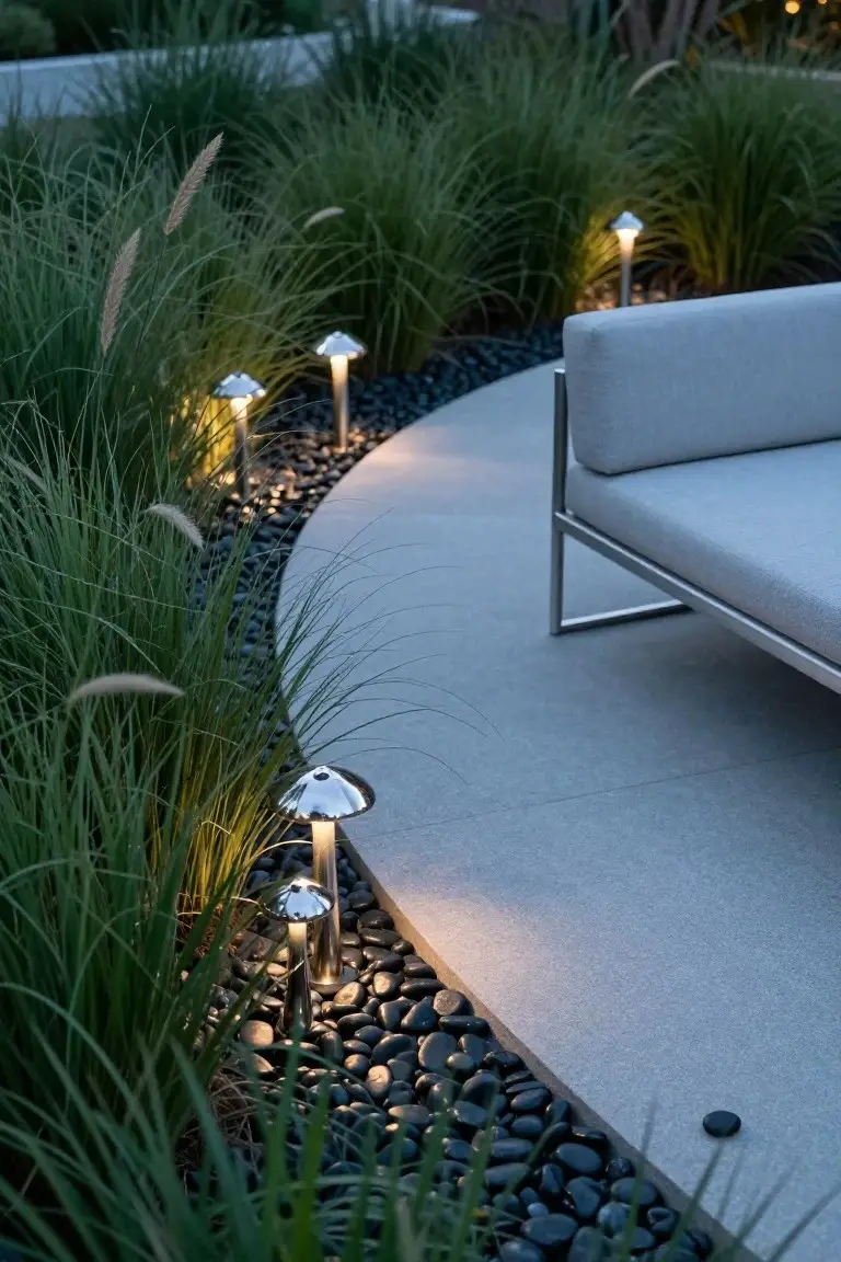 Curved gray concrete path edged with black pebbles, tall ornamental grasses, and illuminated metallic mushroom-shaped bollard lights beside a modern gray metal outdoor sofa.