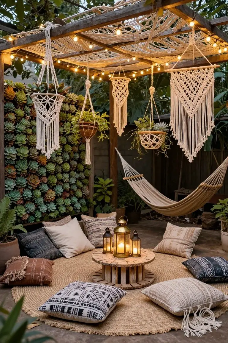Wooden pergola draped with string lights over an outdoor seating area with floor cushions around a spool table, hanging macrame planters, a hammock, potted succulents on a wall, and ground lanterns.
