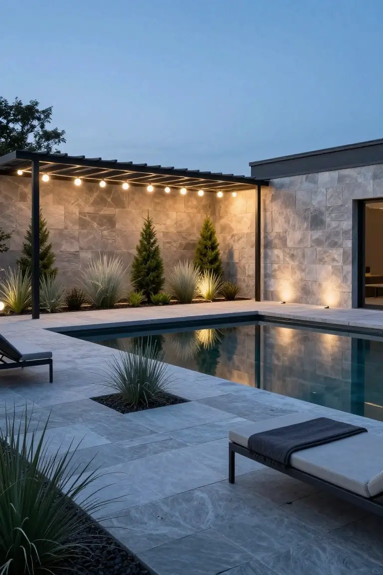 Dusk view of a modern infinity-edge pool with gray stone decking, a black metal pergola strung with warm white bulb lights, lounge chairs, potted plants, and a stone-walled house backdrop.