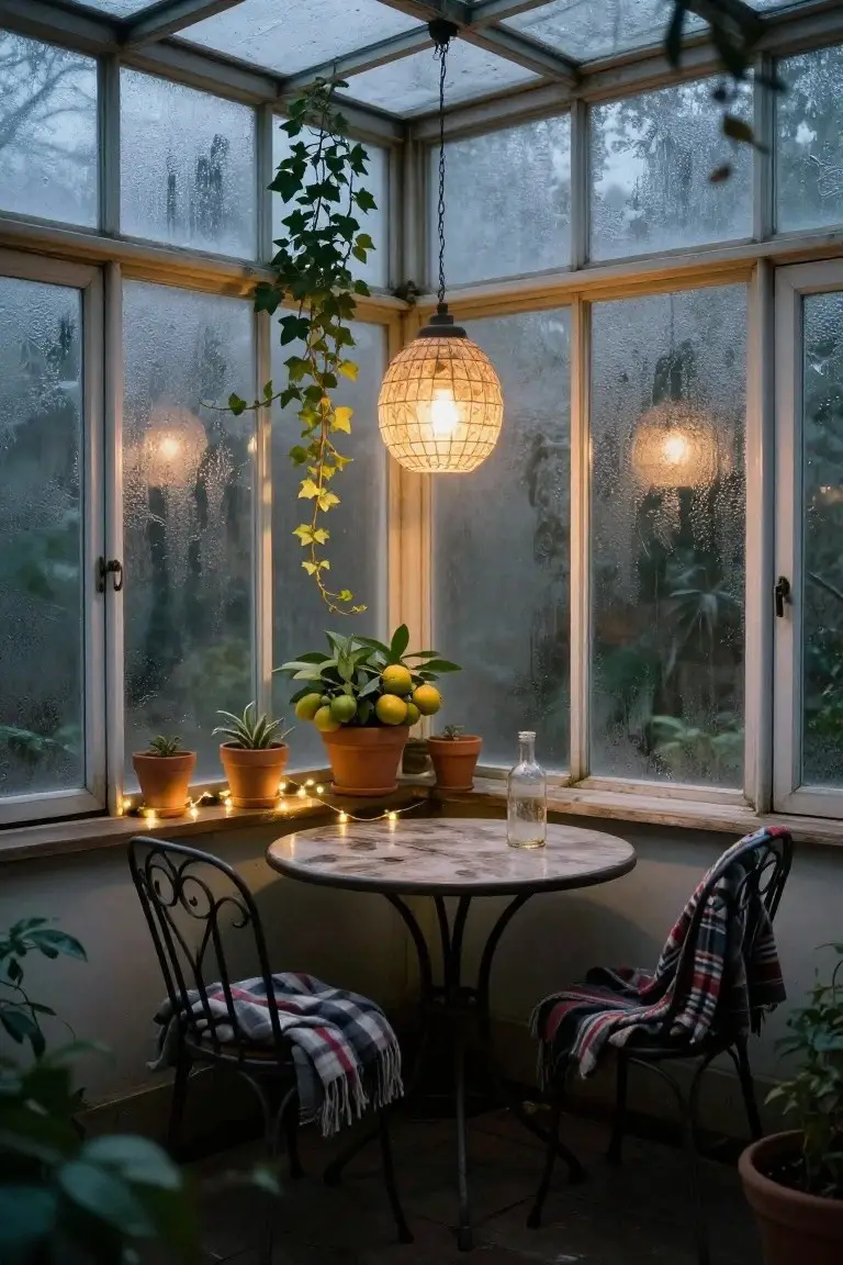 A small round table with two wrought-iron chairs and a plaid blanket in a foggy glass greenhouse corner, surrounded by potted plants with string lights at their bases, a hanging rattan lantern, and condensation on the windows.