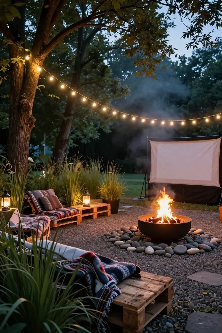 Outdoor backyard setup at dusk featuring string lights draped through trees, a central fire pit ringed by pebbles, pallet furniture with blankets, pampas grass, lanterns, and a large projector screen.
