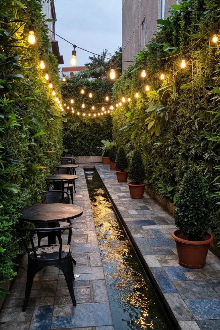 Narrow outdoor pathway between tall green vertical gardens, with a central stone-lined water channel, black round tables and chairs, potted topiary plants, and strings of glowing bulb lights overhead.