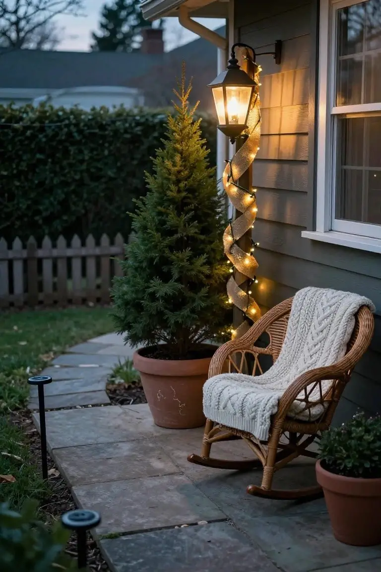 Gray shingled house wall with a porch area featuring a black lantern post wrapped in gold garland and string lights, a potted small evergreen tree nearby, a wicker rocking chair draped with a white knit blanket on stone pavers, solar lights along a path, hedge fence, and potted plants.