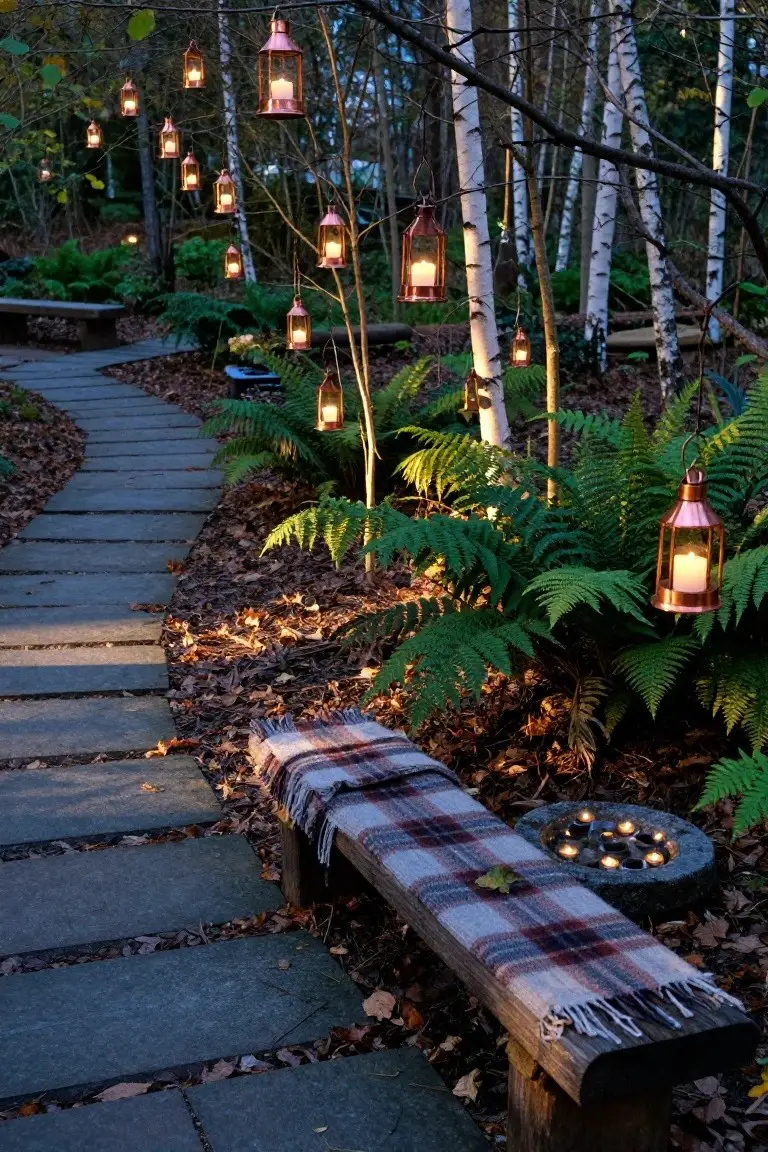 Winding stone path through birch trees and ferns lit by multiple hanging copper lanterns with candles inside, a plaid blanket on a wooden bench, and small candles in a stone basin nearby.