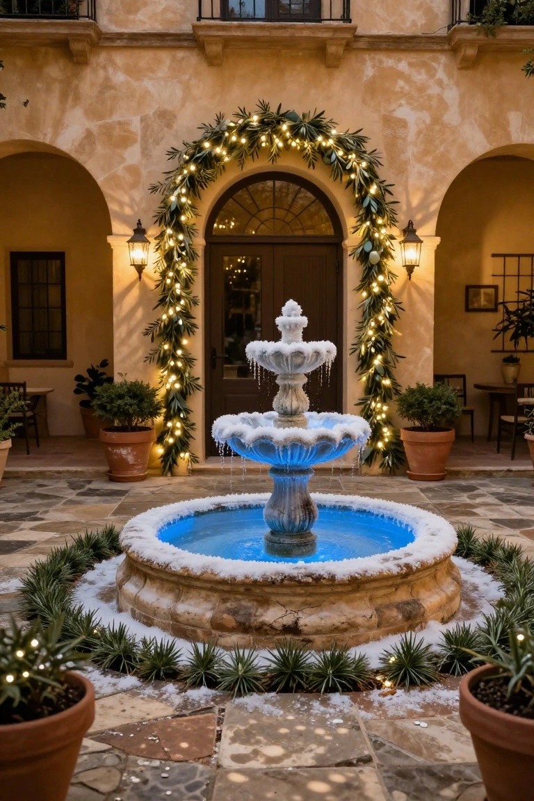 Stucco-walled courtyard at night with a tiered stone fountain rimmed in snow and ice, evergreen garlands strung with lights forming an arch over a dark wood door, potted plants around the edges, and light snow on the stone pavers.
