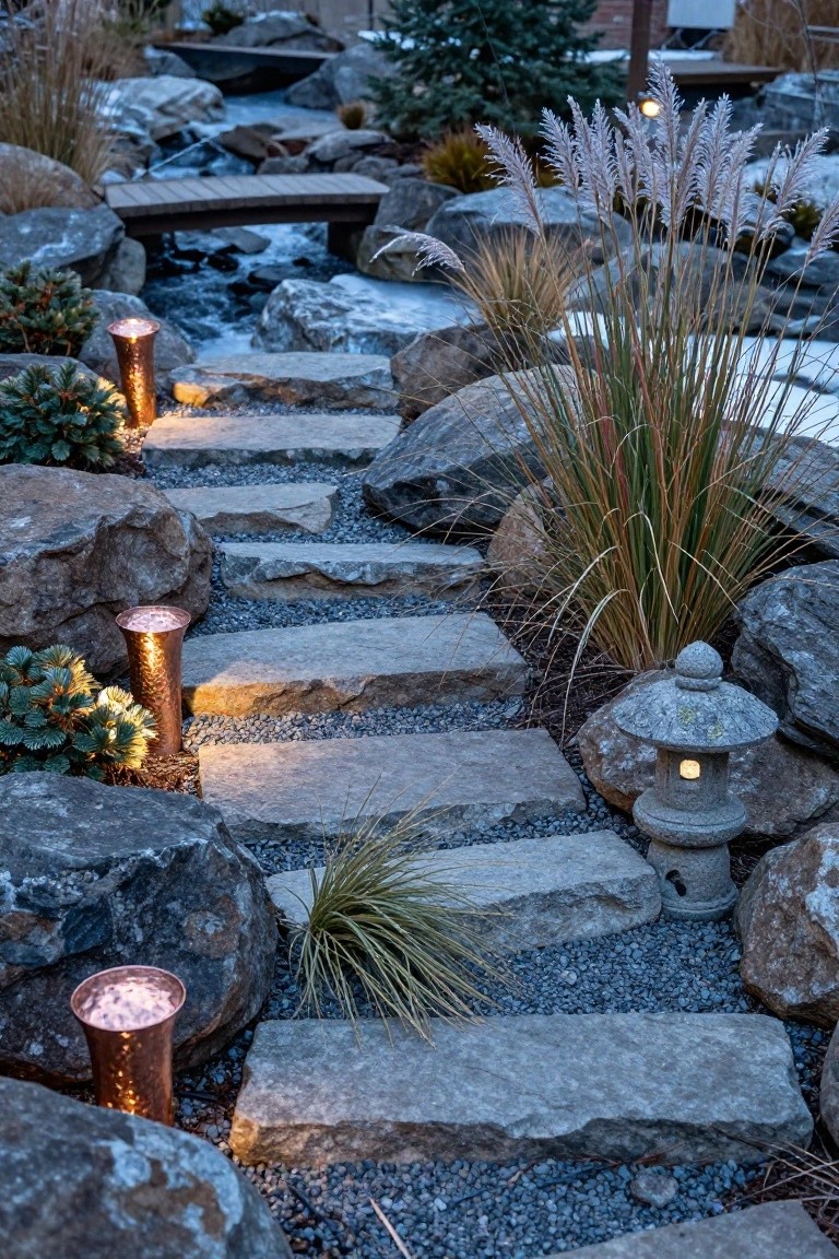 Stone step pathway in a rocky landscaped garden lined with copper lanterns, grasses, and a stone lantern beside a stream at dusk with light frost.