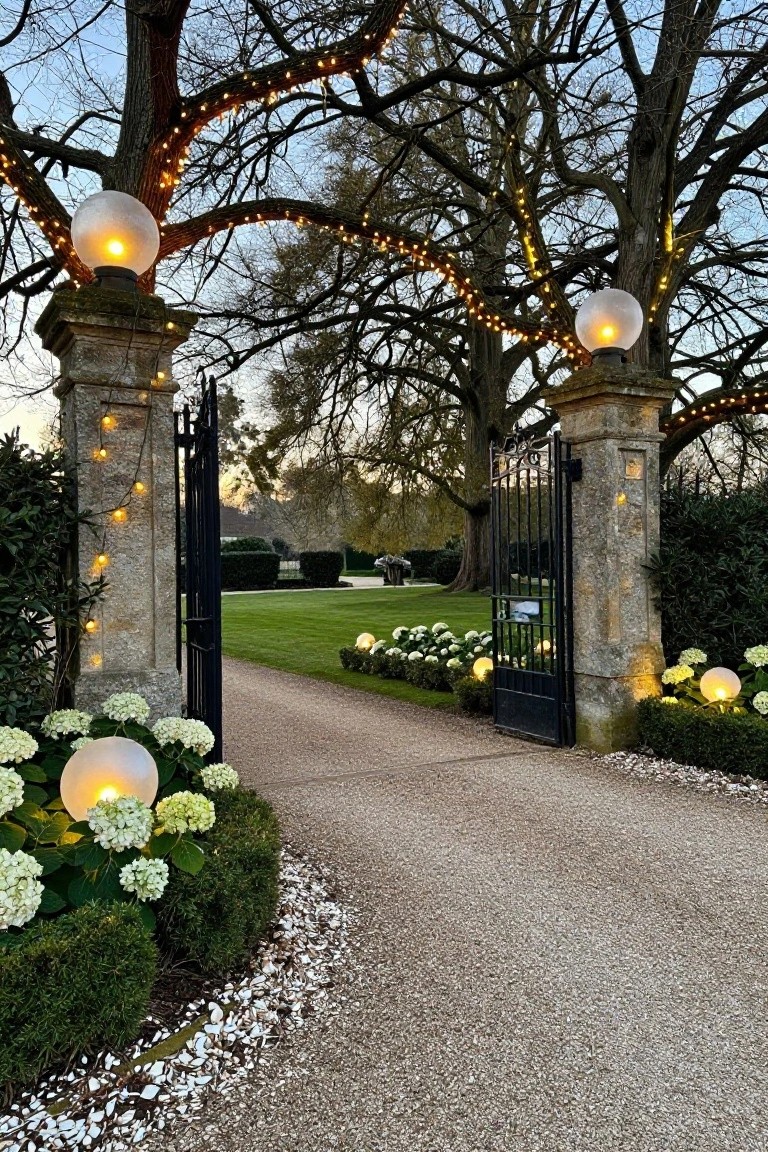 Stone pillars topped with glowing lanterns and wrapped in fairy lights flank an open black wrought-iron gate under trees strung with lights, beside hydrangea beds and a gravel path at dusk.
