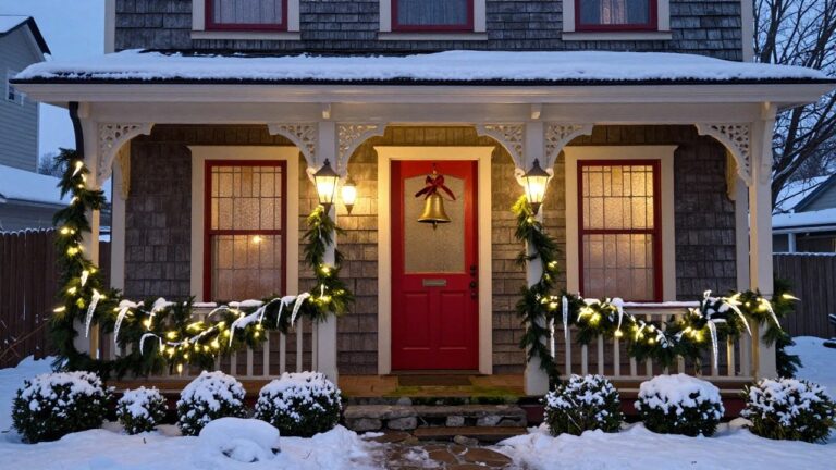 25 Winter Wonderland Christmas Light Display Ideas That Feel Straight Out of a Fairytale Snowy shingle house exterior at dusk with red arched front door on a porch decorated with warm white string lights, evergreen garlands, icicle lights, and a large brass bell.