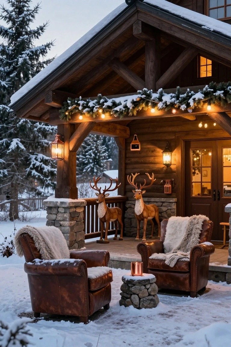 Snow-covered porch of a log cabin house with two leather armchairs draped in sheepskin blankets, a stone pedestal table with a copper mug, two standing reindeer statues, evergreen garlands strung with warm lights along the railing, and copper lanterns on the posts.