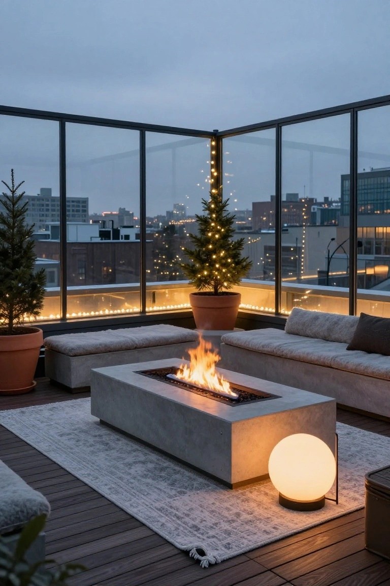Rooftop terrace featuring glass railings lined with string lights, a rectangular gas fire pit table between built-in cushioned benches, two small lit Christmas trees in terracotta pots, a white orb lamp, and a city skyline at dusk.