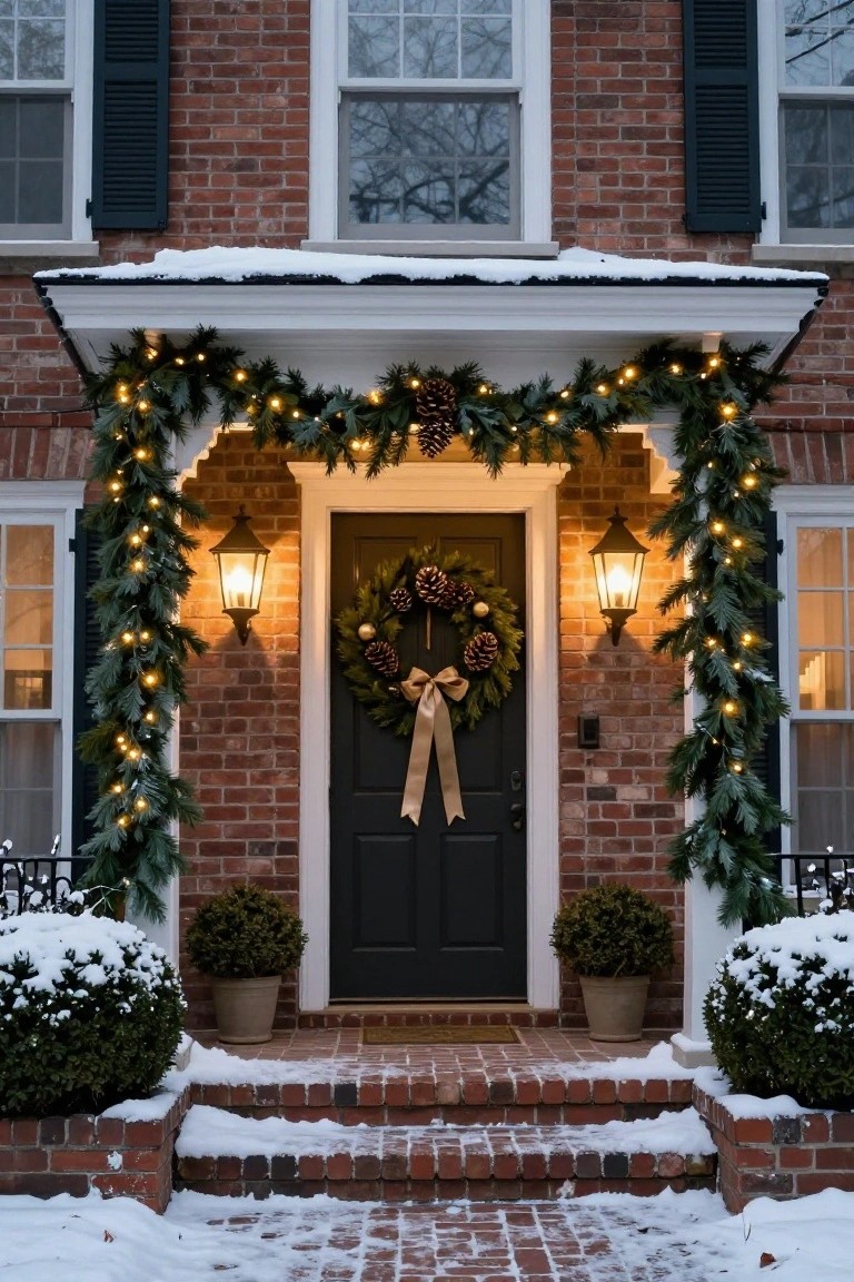 Snow-covered brick house exterior featuring a dark front door with large pinecone wreath, evergreen garlands strung with white lights along the porch, lanterns on brick walls, and potted shrubs on steps.
