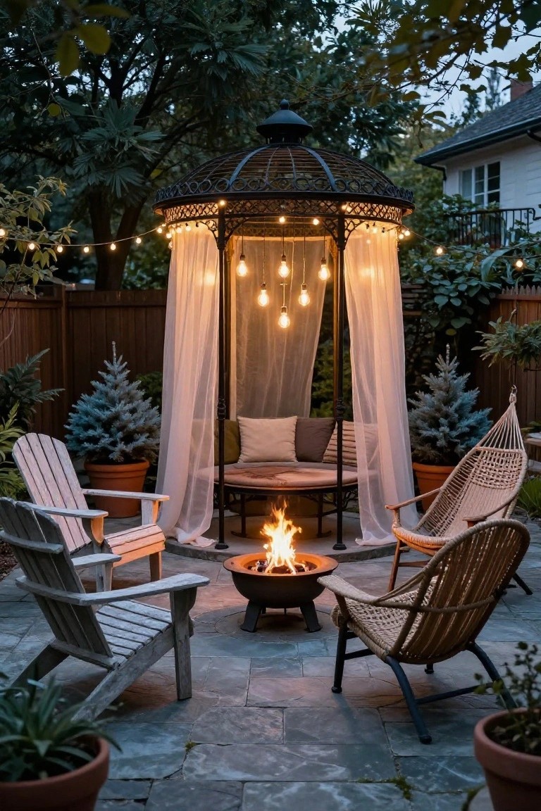 Backyard gazebo with sheer curtains draped around it, string lights and hanging bulbs inside, four chairs arranged around a central metal fire pit on a stone patio, flanked by potted plants and small blue spruce trees, viewed at dusk.